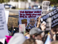 On November 9, 2024, in Washington, D.C., outside the Heritage Foundation, an anti-Project 2025 protest takes place. Hundreds of people gath...