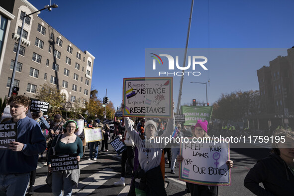 On November 9, 2024, in Washington, D.C., outside the Heritage Foundation, an anti-Project 2025 protest takes place. Hundreds of people gath...