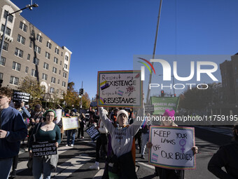 On November 9, 2024, in Washington, D.C., outside the Heritage Foundation, an anti-Project 2025 protest takes place. Hundreds of people gath...