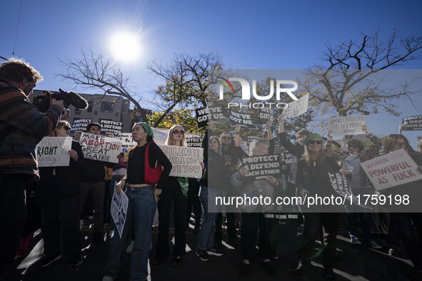 On November 9, 2024, in Washington, D.C., outside the Heritage Foundation, an anti-Project 2025 protest takes place. Hundreds of people gath...