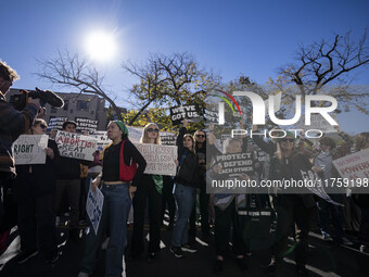 On November 9, 2024, in Washington, D.C., outside the Heritage Foundation, an anti-Project 2025 protest takes place. Hundreds of people gath...