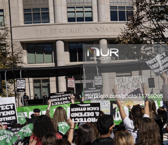 On November 9, 2024, in Washington, D.C., outside the Heritage Foundation, an anti-Project 2025 protest takes place. Hundreds of people gath...