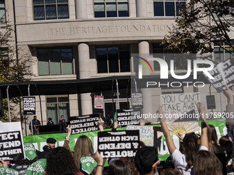 On November 9, 2024, in Washington, D.C., outside the Heritage Foundation, an anti-Project 2025 protest takes place. Hundreds of people gath...