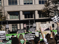 On November 9, 2024, in Washington, D.C., outside the Heritage Foundation, an anti-Project 2025 protest takes place. Hundreds of people gath...