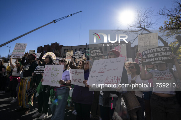 On November 9, 2024, in Washington, D.C., outside the Heritage Foundation, an anti-Project 2025 protest takes place. Hundreds of people gath...