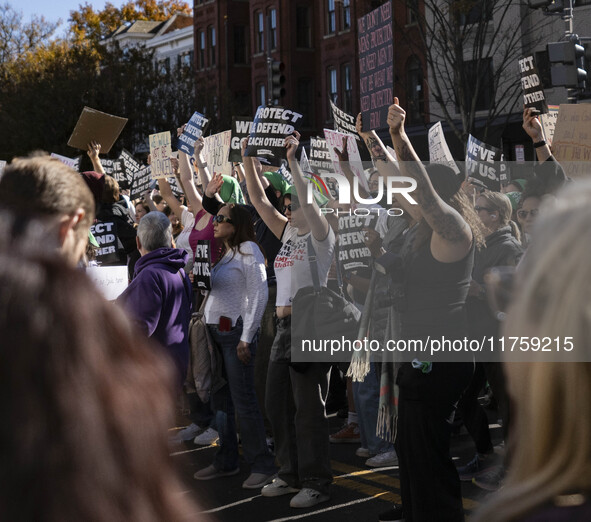 On November 9, 2024, in Washington, D.C., outside the Heritage Foundation, an anti-Project 2025 protest takes place. Hundreds of people gath...