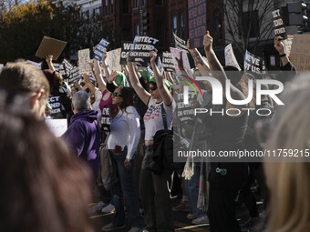 On November 9, 2024, in Washington, D.C., outside the Heritage Foundation, an anti-Project 2025 protest takes place. Hundreds of people gath...