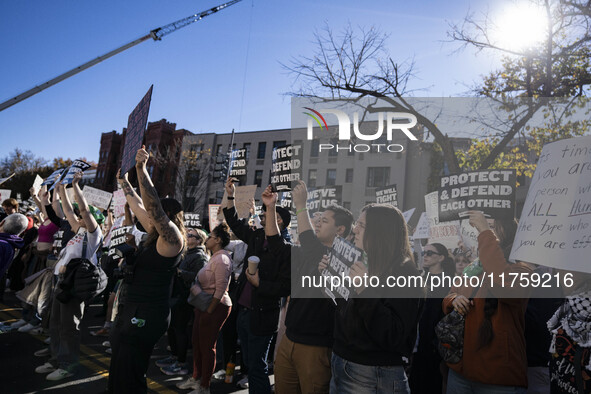 On November 9, 2024, in Washington, D.C., outside the Heritage Foundation, an anti-Project 2025 protest takes place. Hundreds of people gath...