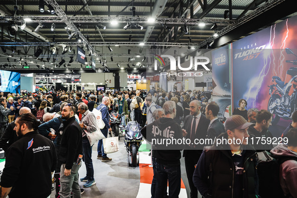 A general view of a motorcycle display at the Aprilia stand during the 110th edition of EICMA Milan Motorcycle Show at Rho Fiera Milano in M...