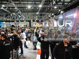 A general view of a motorcycle display at the Aprilia stand during the 110th edition of EICMA Milan Motorcycle Show at Rho Fiera Milano in M...