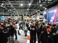 A general view of a motorcycle display at the Aprilia stand during the 110th edition of EICMA Milan Motorcycle Show at Rho Fiera Milano in M...