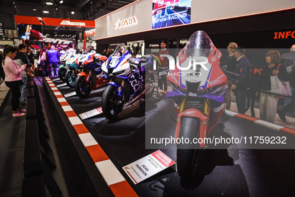 A general view of a motorcycle display at the Honda stand during the 110th edition of EICMA Milan Motorcycle Show at Rho Fiera Milano in Mil...