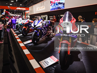 A general view of a motorcycle display at the Honda stand during the 110th edition of EICMA Milan Motorcycle Show at Rho Fiera Milano in Mil...