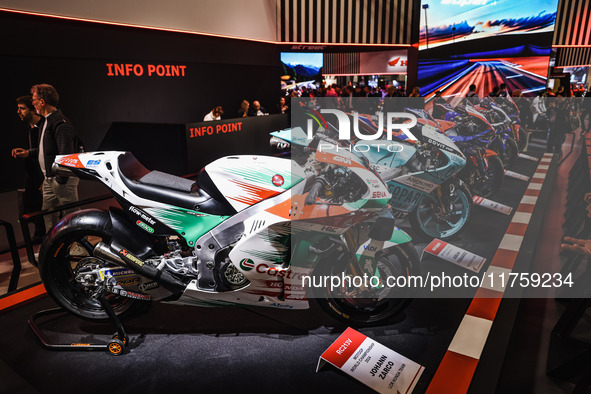 A general view of a motorcycle display at the Honda stand during the 110th edition of EICMA Milan Motorcycle Show at Rho Fiera Milano in Mil...