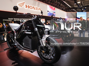 A general view of a motorcycle display at the Honda stand during the 110th edition of EICMA Milan Motorcycle Show at Rho Fiera Milano in Mil...