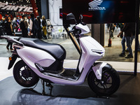 A general view of a motorcycle display at the Honda stand during the 110th edition of EICMA Milan Motorcycle Show at Rho Fiera Milano in Mil...