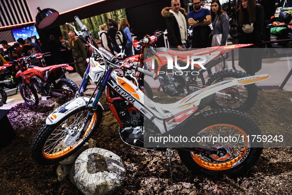 A general view of a motorcycle display at the Honda stand during the 110th edition of EICMA Milan Motorcycle Show at Rho Fiera Milano in Mil...