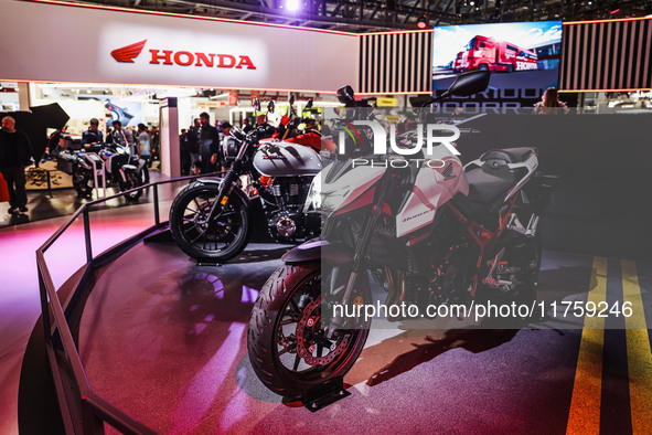 A general view of a motorcycle display at the Honda stand during the 110th edition of EICMA Milan Motorcycle Show at Rho Fiera Milano in Mil...