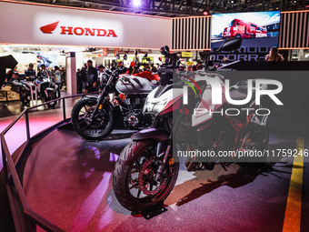 A general view of a motorcycle display at the Honda stand during the 110th edition of EICMA Milan Motorcycle Show at Rho Fiera Milano in Mil...