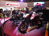 A general view of a motorcycle display at the Honda stand during the 110th edition of EICMA Milan Motorcycle Show at Rho Fiera Milano in Mil...