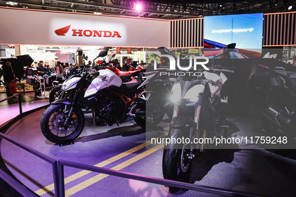 A general view of a motorcycle display at the Honda stand during the 110th edition of EICMA Milan Motorcycle Show at Rho Fiera Milano in Mil...