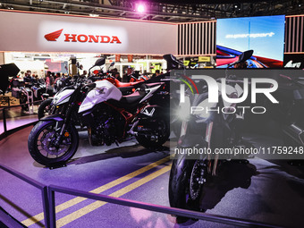 A general view of a motorcycle display at the Honda stand during the 110th edition of EICMA Milan Motorcycle Show at Rho Fiera Milano in Mil...