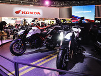 A general view of a motorcycle display at the Honda stand during the 110th edition of EICMA Milan Motorcycle Show at Rho Fiera Milano in Mil...