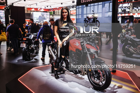 A general view of a motorcycle display at the Honda stand during the 110th edition of EICMA Milan Motorcycle Show at Rho Fiera Milano in Mil...