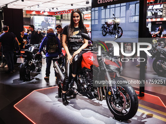 A general view of a motorcycle display at the Honda stand during the 110th edition of EICMA Milan Motorcycle Show at Rho Fiera Milano in Mil...