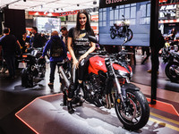 A general view of a motorcycle display at the Honda stand during the 110th edition of EICMA Milan Motorcycle Show at Rho Fiera Milano in Mil...