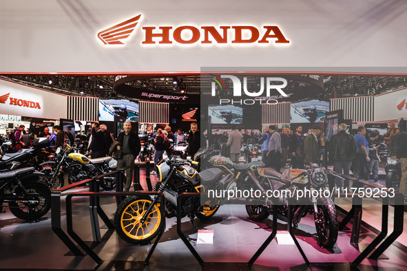 A general view of a motorcycle display at the Honda stand during the 110th edition of EICMA Milan Motorcycle Show at Rho Fiera Milano in Mil...