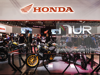 A general view of a motorcycle display at the Honda stand during the 110th edition of EICMA Milan Motorcycle Show at Rho Fiera Milano in Mil...