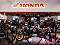 A general view of a motorcycle display at the Honda stand during the 110th edition of EICMA Milan Motorcycle Show at Rho Fiera Milano in Mil...