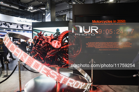 A general view of a motorcycle display at the exhibition stand during the 110th edition of EICMA Milan Motorcycle Show at Rho Fiera Milano i...