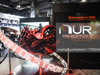 A general view of a motorcycle display at the exhibition stand during the 110th edition of EICMA Milan Motorcycle Show at Rho Fiera Milano i...