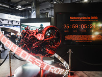 A general view of a motorcycle display at the exhibition stand during the 110th edition of EICMA Milan Motorcycle Show at Rho Fiera Milano i...