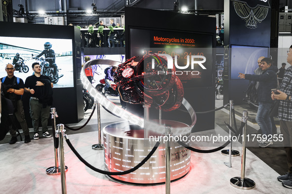 A general view of a motorcycle display at the exhibition stand during the 110th edition of EICMA Milan Motorcycle Show at Rho Fiera Milano i...