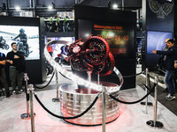 A general view of a motorcycle display at the exhibition stand during the 110th edition of EICMA Milan Motorcycle Show at Rho Fiera Milano i...