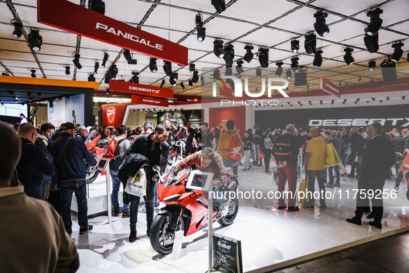 A general view of a motorcycle display at the Ducati stand during the 110th edition of the EICMA Milan Motorcycle Show at Rho Fiera Milano i...