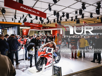 A general view of a motorcycle display at the Ducati stand during the 110th edition of the EICMA Milan Motorcycle Show at Rho Fiera Milano i...