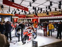 A general view of a motorcycle display at the Ducati stand during the 110th edition of the EICMA Milan Motorcycle Show at Rho Fiera Milano i...