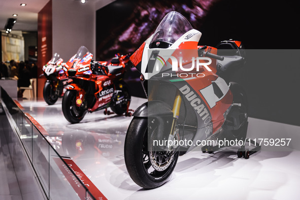 A general view of a motorcycle display at the Ducati stand during the 110th edition of the EICMA Milan Motorcycle Show at Rho Fiera Milano i...