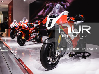 A general view of a motorcycle display at the Ducati stand during the 110th edition of the EICMA Milan Motorcycle Show at Rho Fiera Milano i...