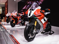 A general view of a motorcycle display at the Ducati stand during the 110th edition of the EICMA Milan Motorcycle Show at Rho Fiera Milano i...