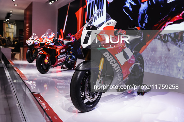 A general view of a motorcycle display at the Ducati stand during the 110th edition of the EICMA Milan Motorcycle Show at Rho Fiera Milano i...