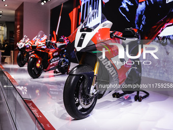 A general view of a motorcycle display at the Ducati stand during the 110th edition of the EICMA Milan Motorcycle Show at Rho Fiera Milano i...