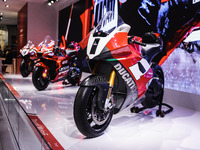 A general view of a motorcycle display at the Ducati stand during the 110th edition of the EICMA Milan Motorcycle Show at Rho Fiera Milano i...