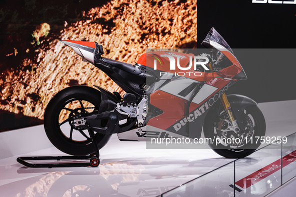 A general view of a motorcycle display at the Ducati stand during the 110th edition of the EICMA Milan Motorcycle Show at Rho Fiera Milano i...