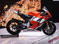 A general view of a motorcycle display at the Ducati stand during the 110th edition of the EICMA Milan Motorcycle Show at Rho Fiera Milano i...