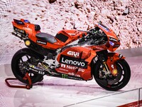 A general view of a motorcycle display at the Ducati stand during the 110th edition of the EICMA Milan Motorcycle Show at Rho Fiera Milano i...